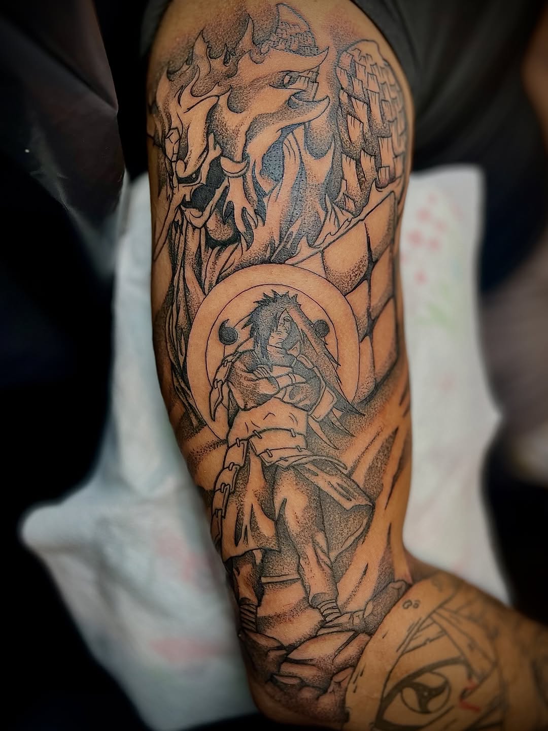 Tattoo by @cursedskintattoos β anime, black_and_grey