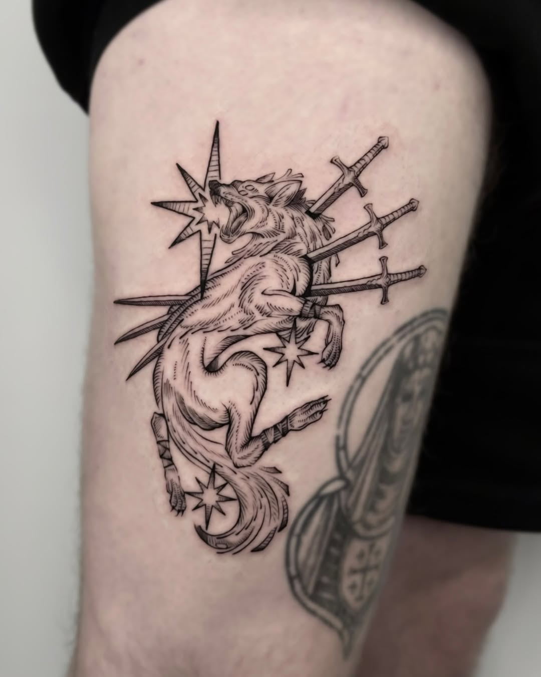 Tattoo by @mimo_tattooist__ — illustrative, black_and_grey