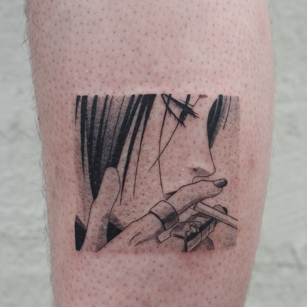 Tattoo by @smokesart — anime, black_and_grey