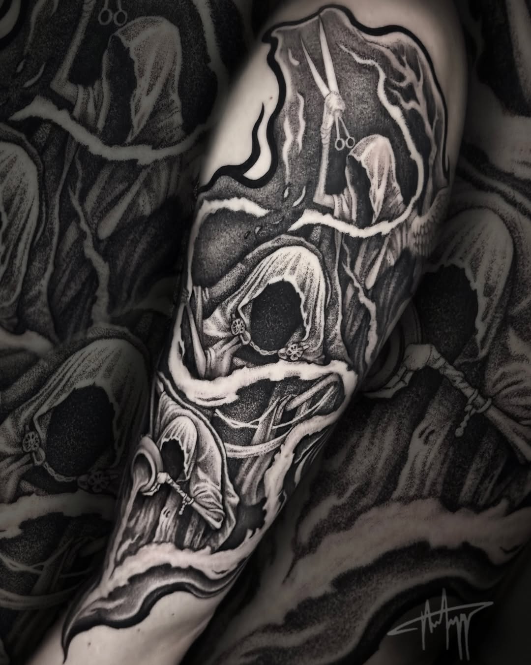 Tattoo by @the_alkomist — dark_realism, dotwork