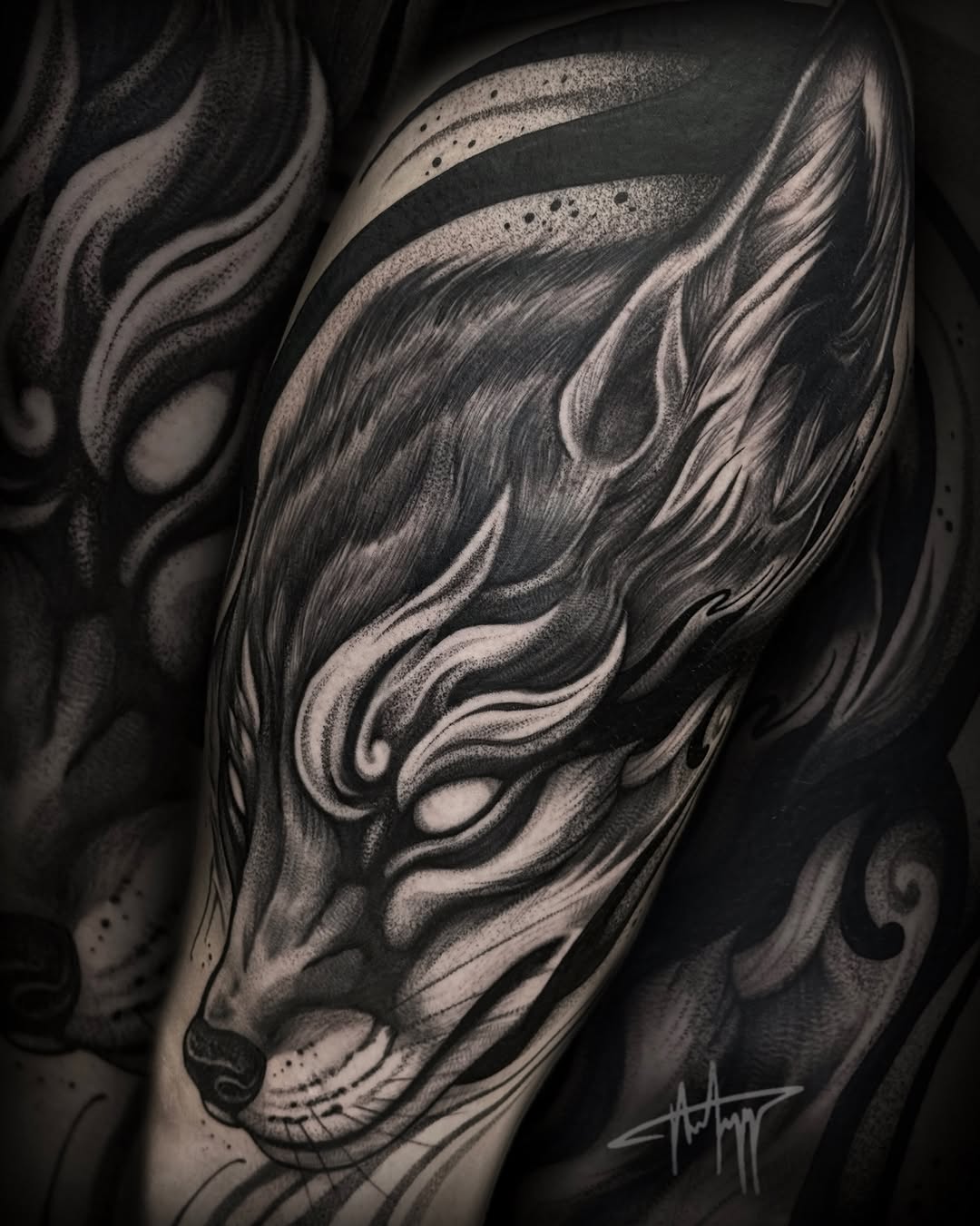 Tattoo by @the_alkomist — black_and_grey, dotwork
