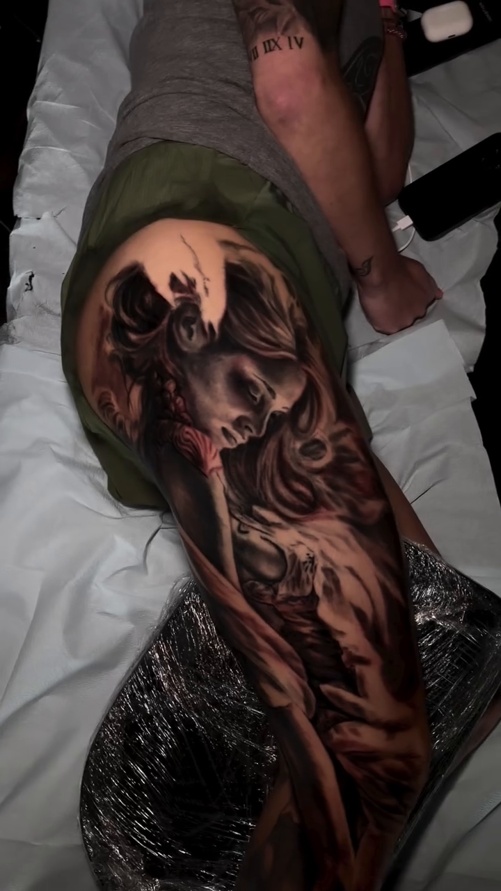 Tattoo by @kmoore_tattoos — dark_realism, black_and_grey