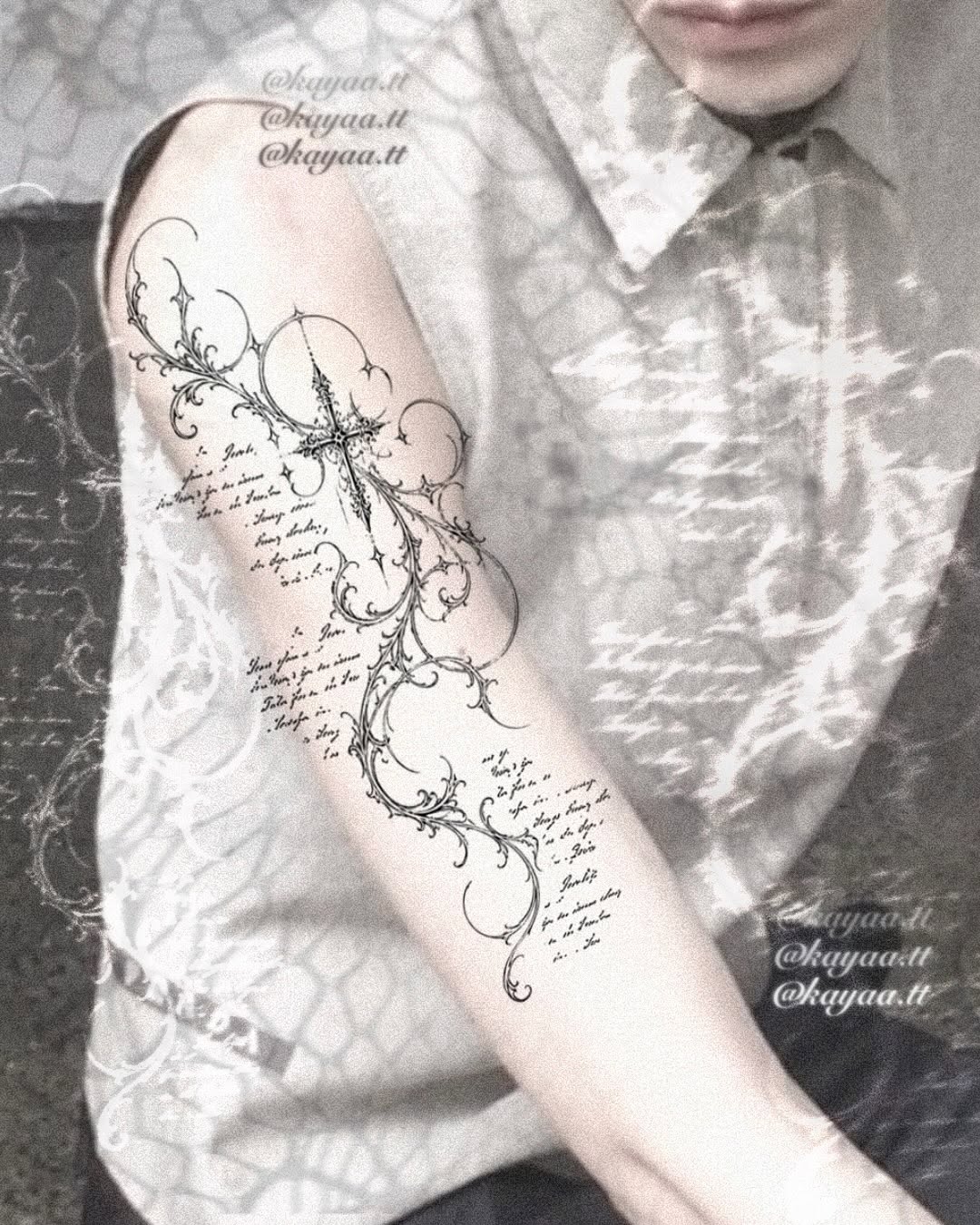 Tattoo by @kayaa.tt — lettering_script, ornamental