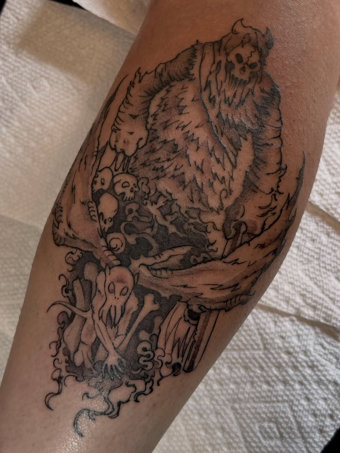 Tattoo by @audreywallacetattoo — black_and_grey, dark_realism