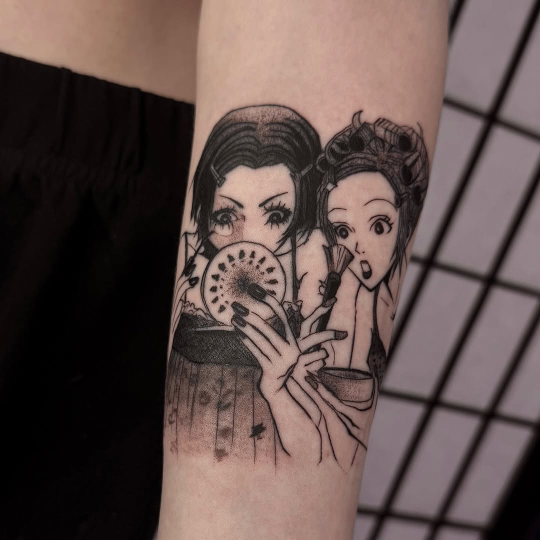 Tattoo by @yokaii.ttt — anime, black_and_grey