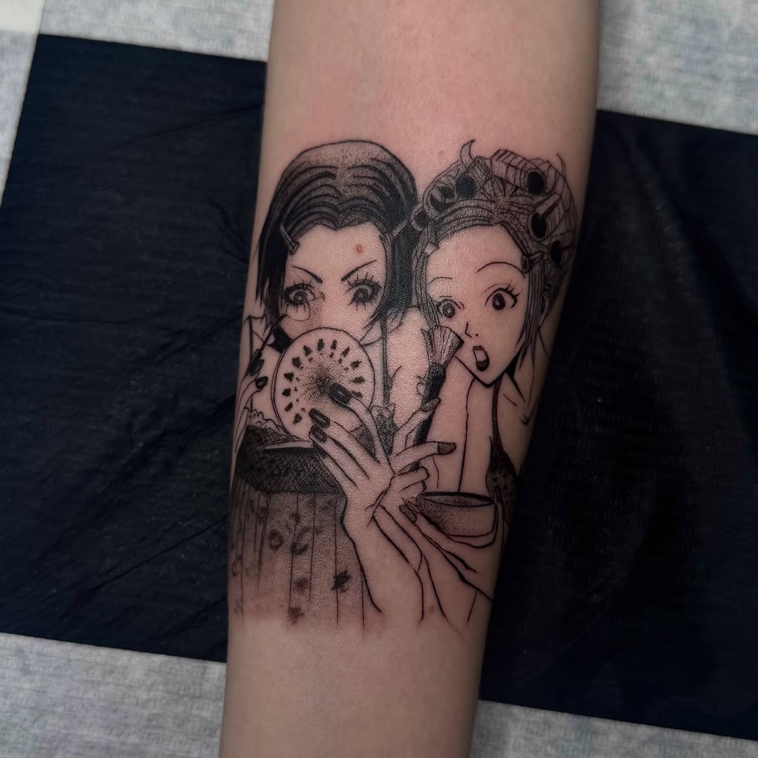 Tattoo by @yokaii.ttt — anime, black_and_grey