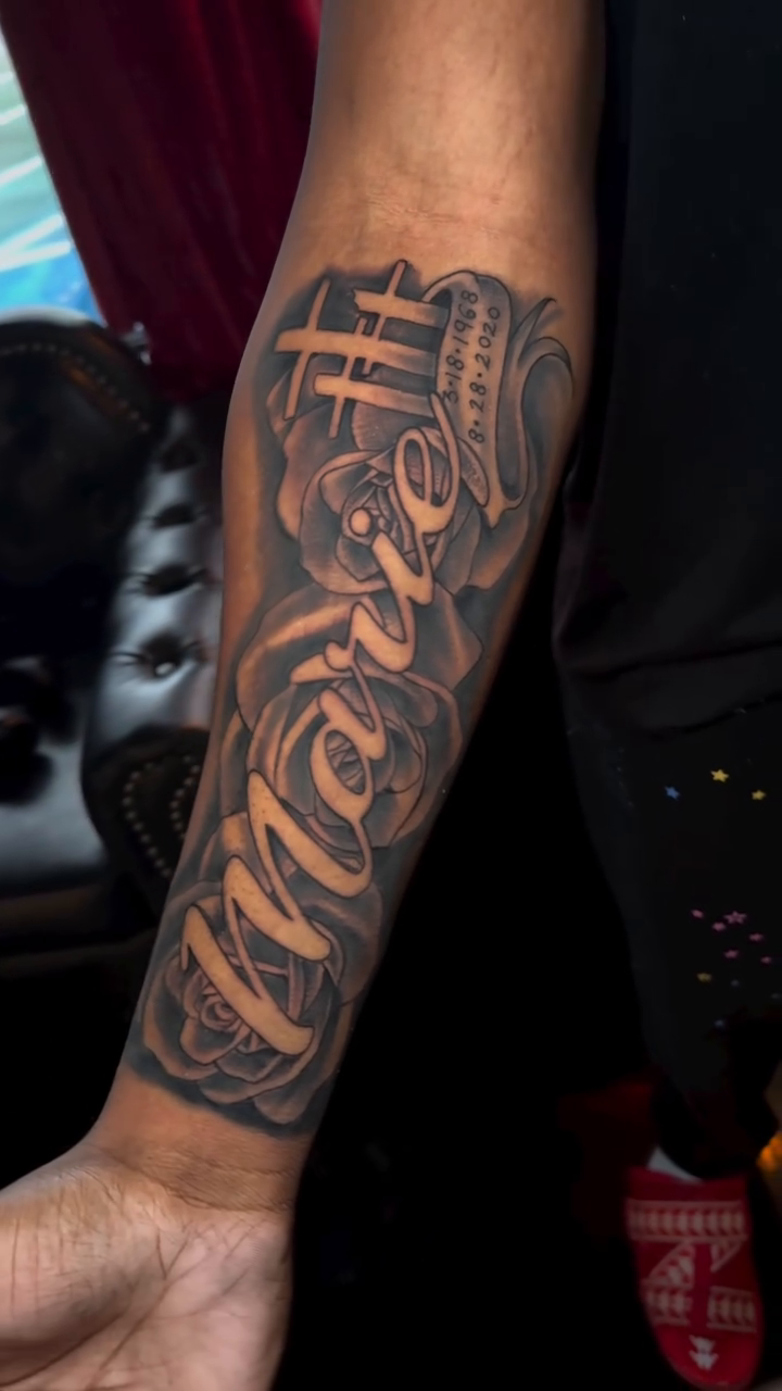 Tattoo by @_dannytats — lettering_script, black_and_grey