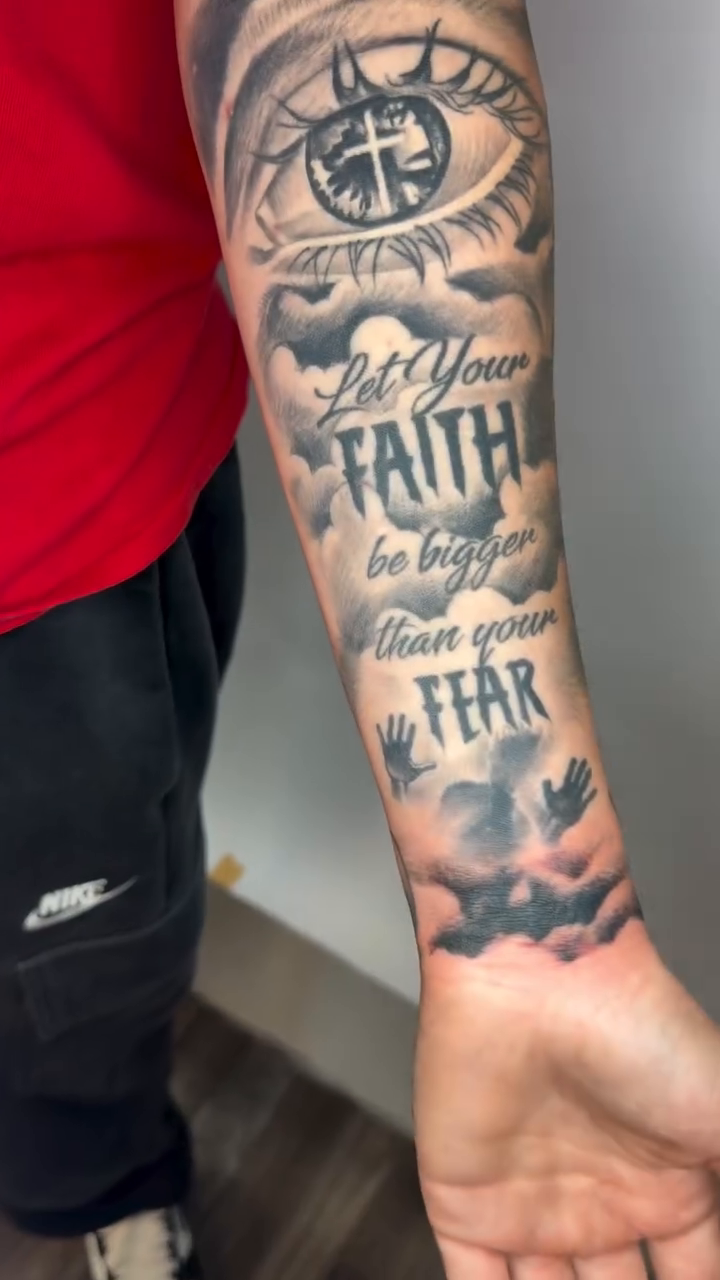 Tattoo by @tabootattys — black_and_grey, lettering_script