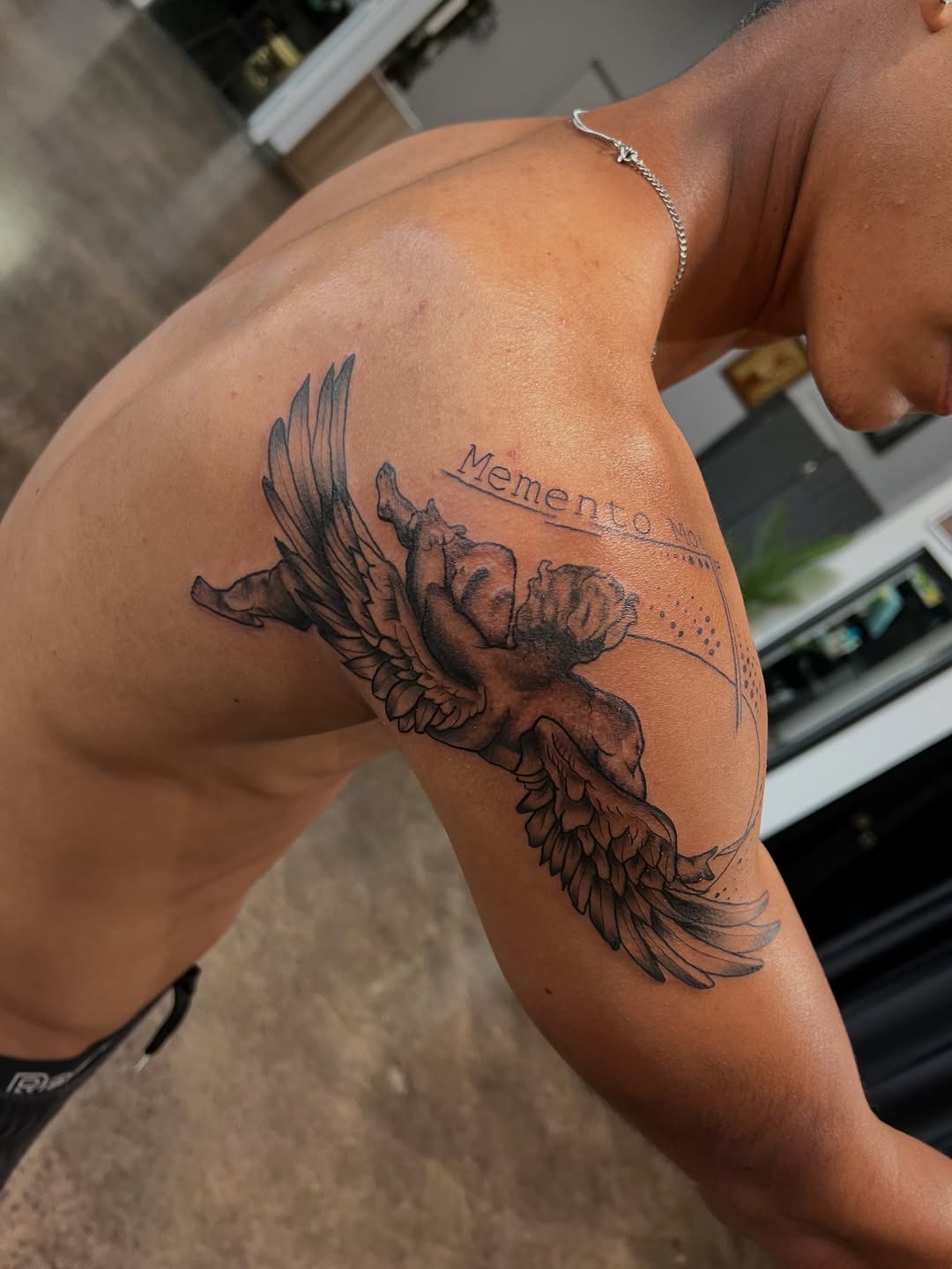 Tattoo by @levigunn_tattoos — realism, lettering_script