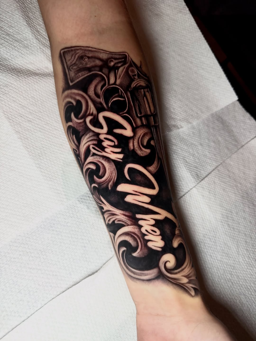 Tattoo by @labonte.tattoos β lettering_script, black_and_grey