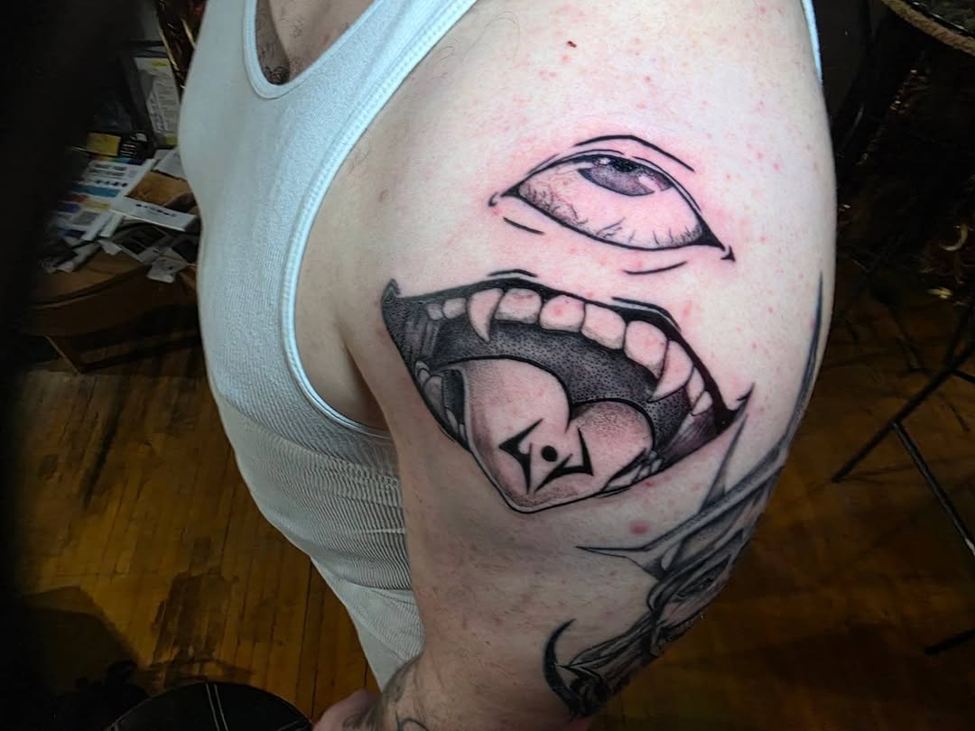 Tattoo by @bearthedemo — black_and_grey, dark_realism