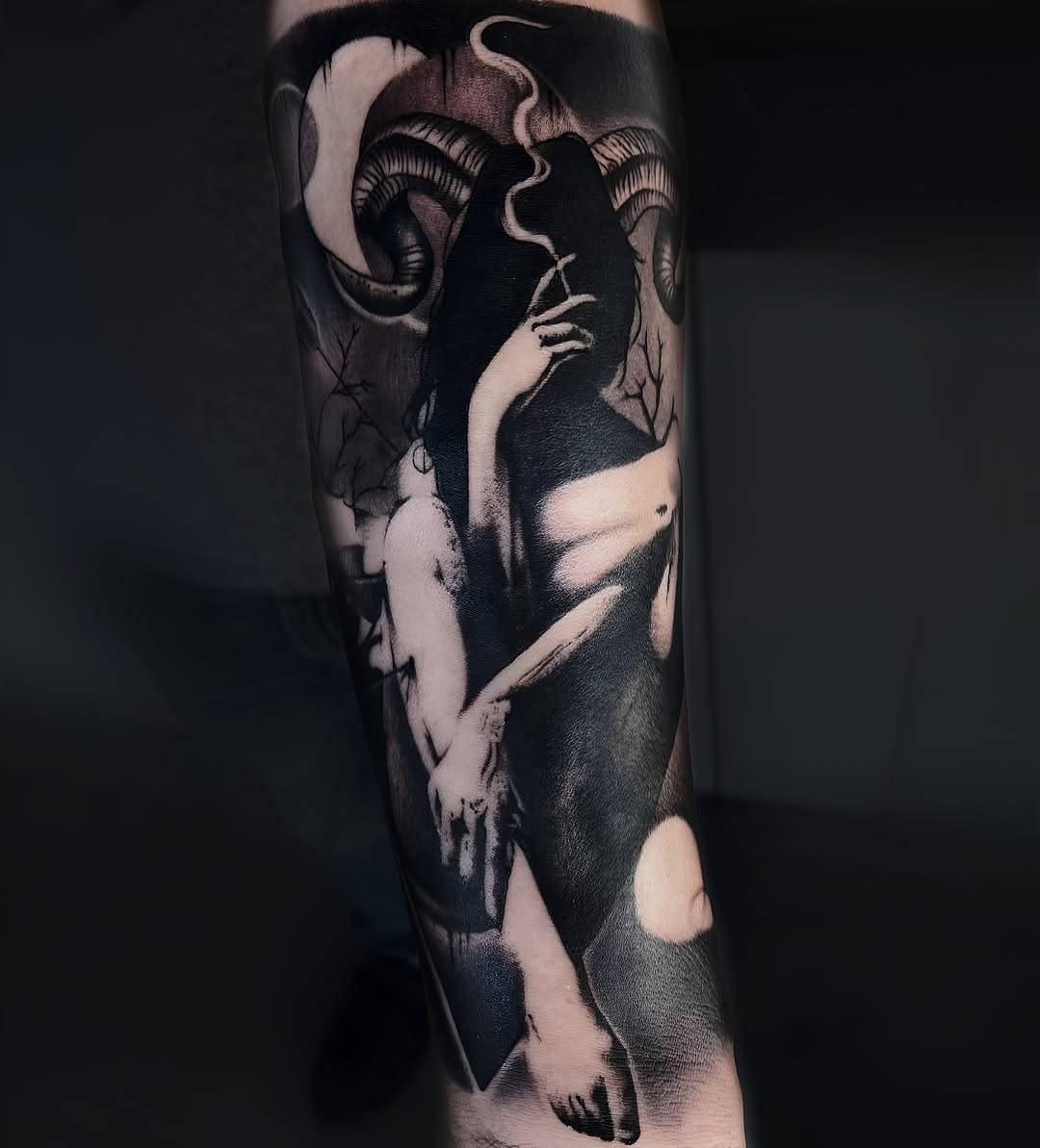 Tattoo by @freehandinbrandon — dark_realism, black_and_grey