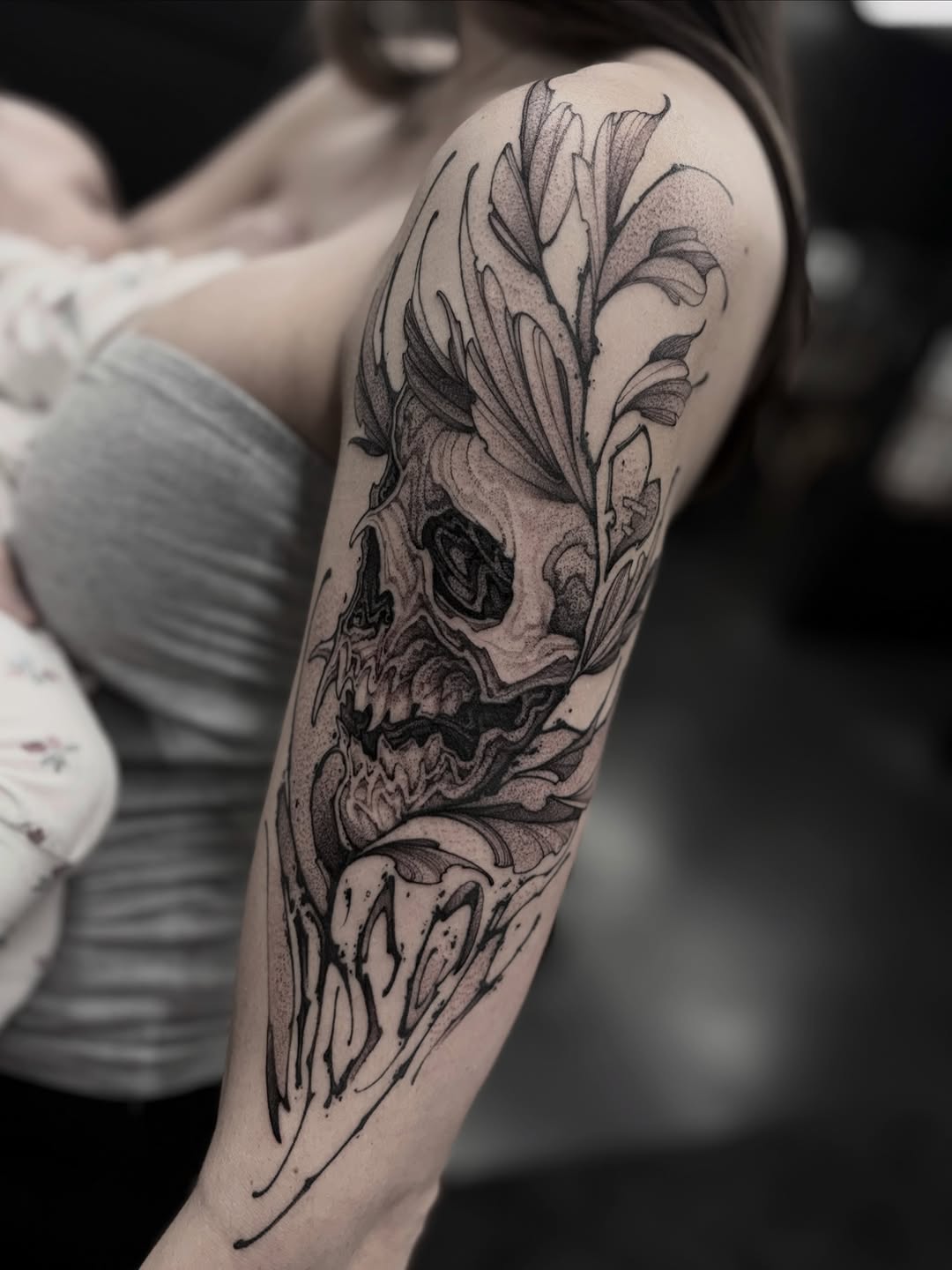 Tattoo by @8jinx9 — black_and_grey, dark_realism