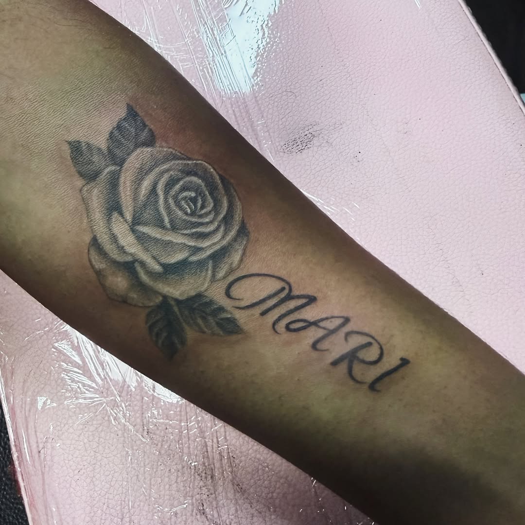 Tattoo by @shengguevaratattoos — black_and_grey, lettering_script