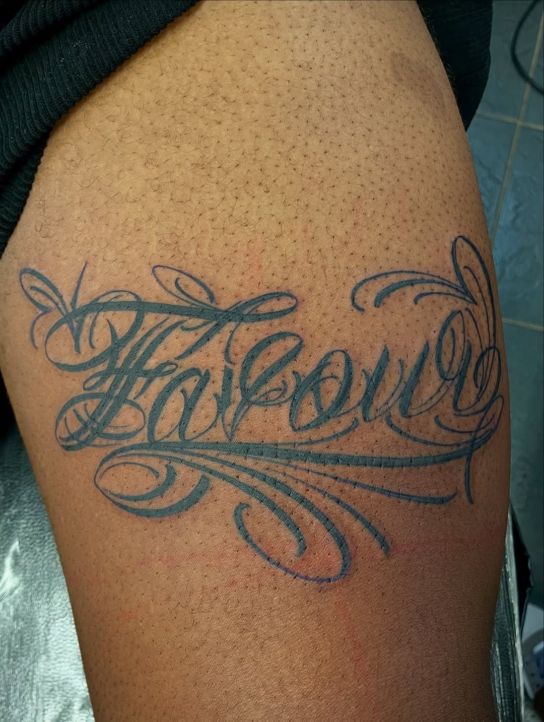 Tattoo by @montana_blue — lettering_script, chicano