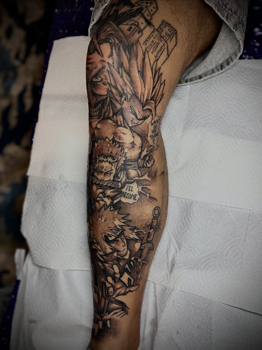 Tattoo by @cursedskintattoos β anime, black_and_grey