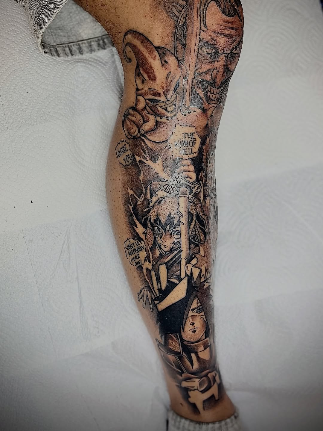 Tattoo by @cursedskintattoos β anime, black_and_grey