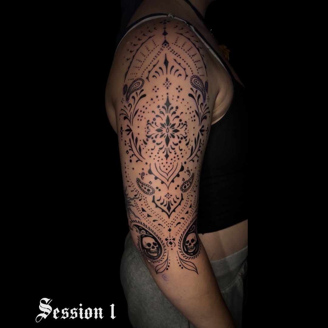 Tattoo by @saigeartwork — ornamental, dotwork