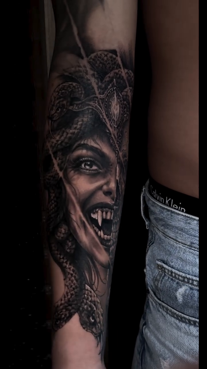 Tattoo by @3k_tat_too — dark_realism, black_and_grey