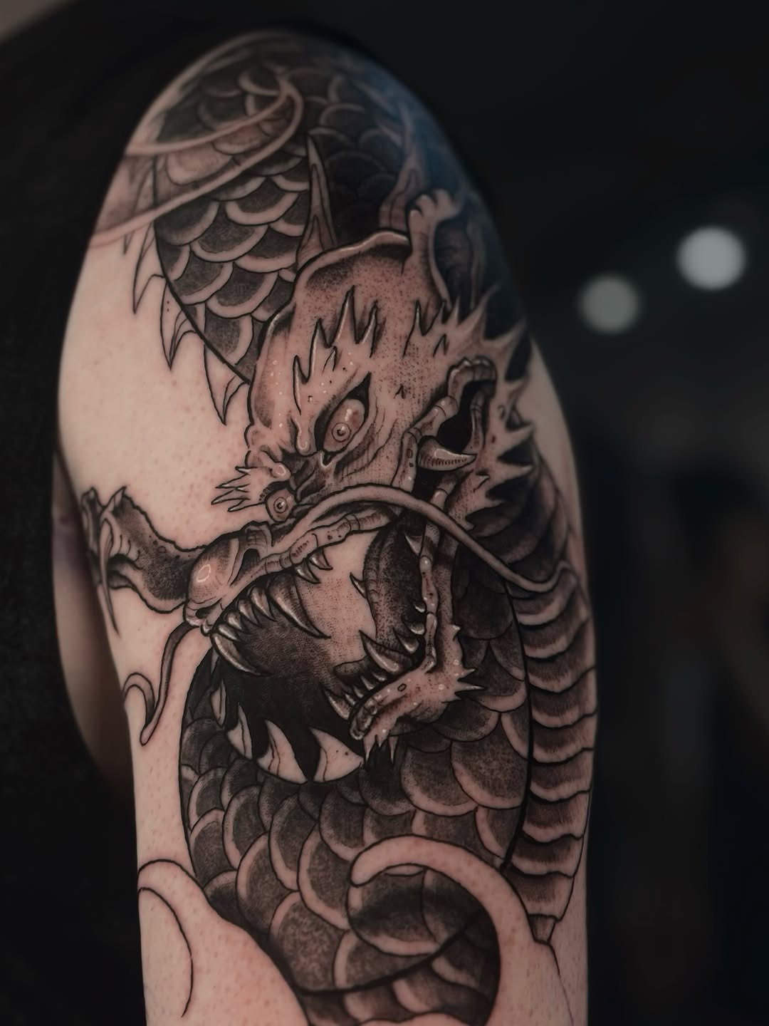 Tattoo by @mitchelkelftattoo — japanese_irezumi, black_and_grey