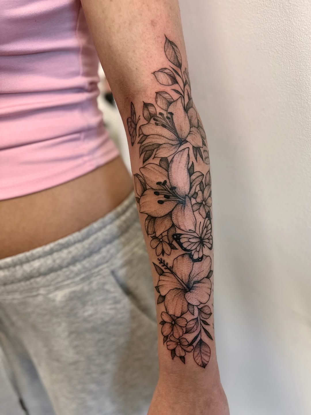 Tattoo by @shroomgrrrl — fine_line, black_and_grey