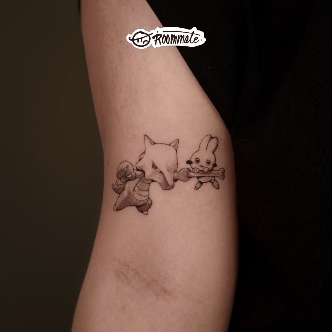 Tattoo by @roommate_tat — black_and_grey, anime