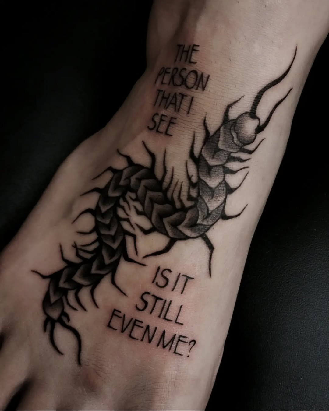 Tattoo by @alena.ashes โ lettering_script, black_and_grey