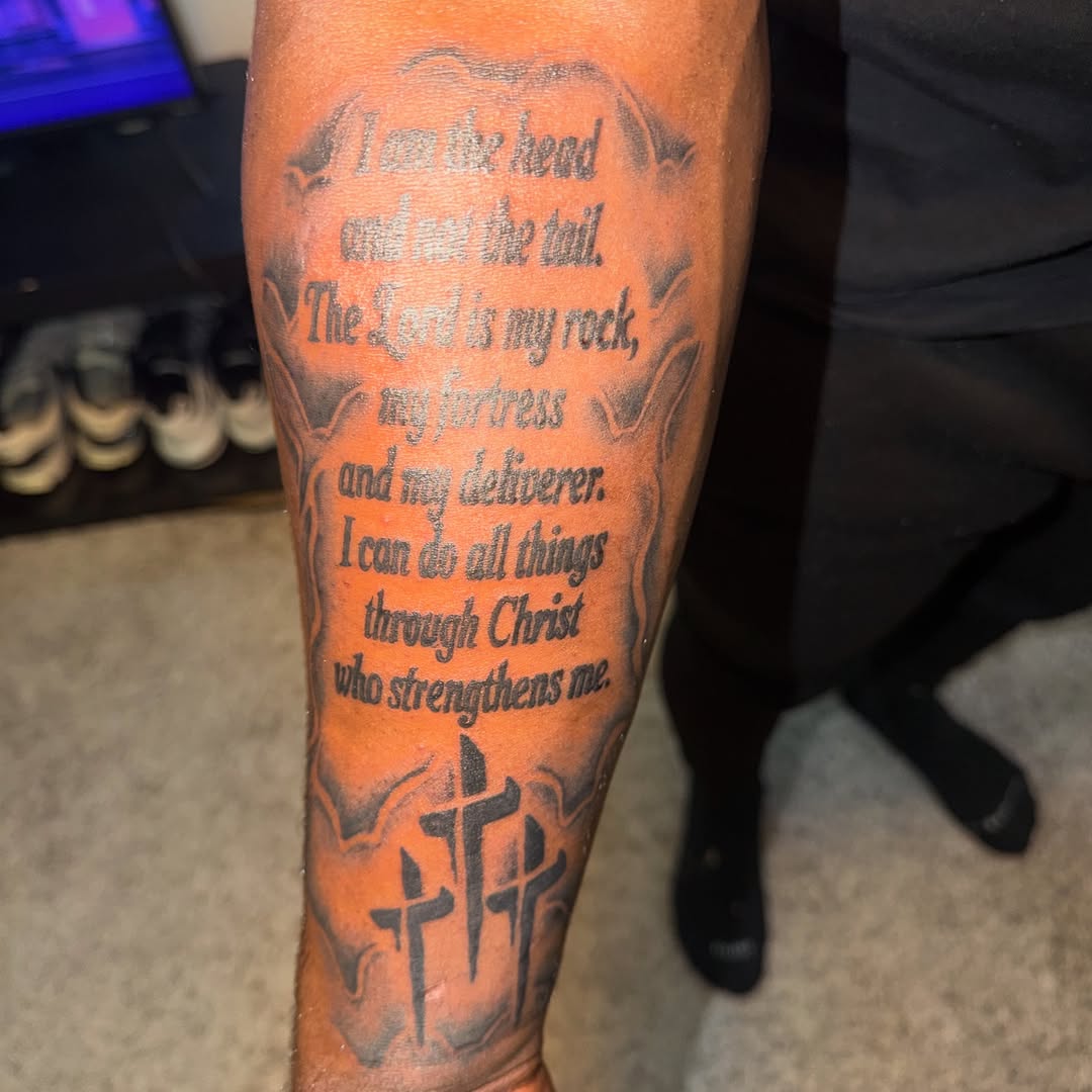 Tattoo by @richmetre_ β lettering_script, black_and_grey