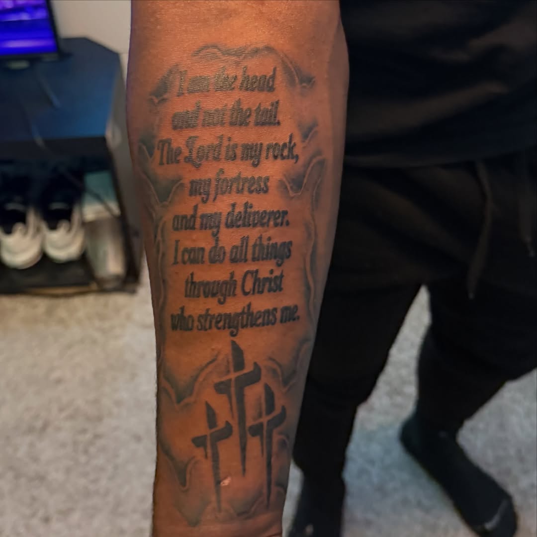 Tattoo by @richmetre_ β lettering_script, black_and_grey