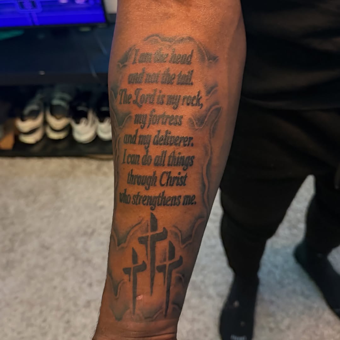 Tattoo by @richmetre_ β lettering_script, black_and_grey