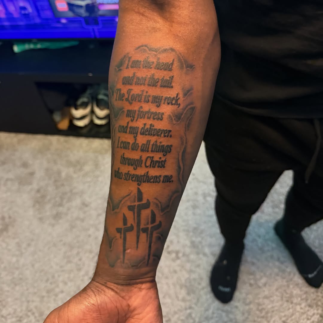 Tattoo by @richmetre_ β lettering_script, black_and_grey
