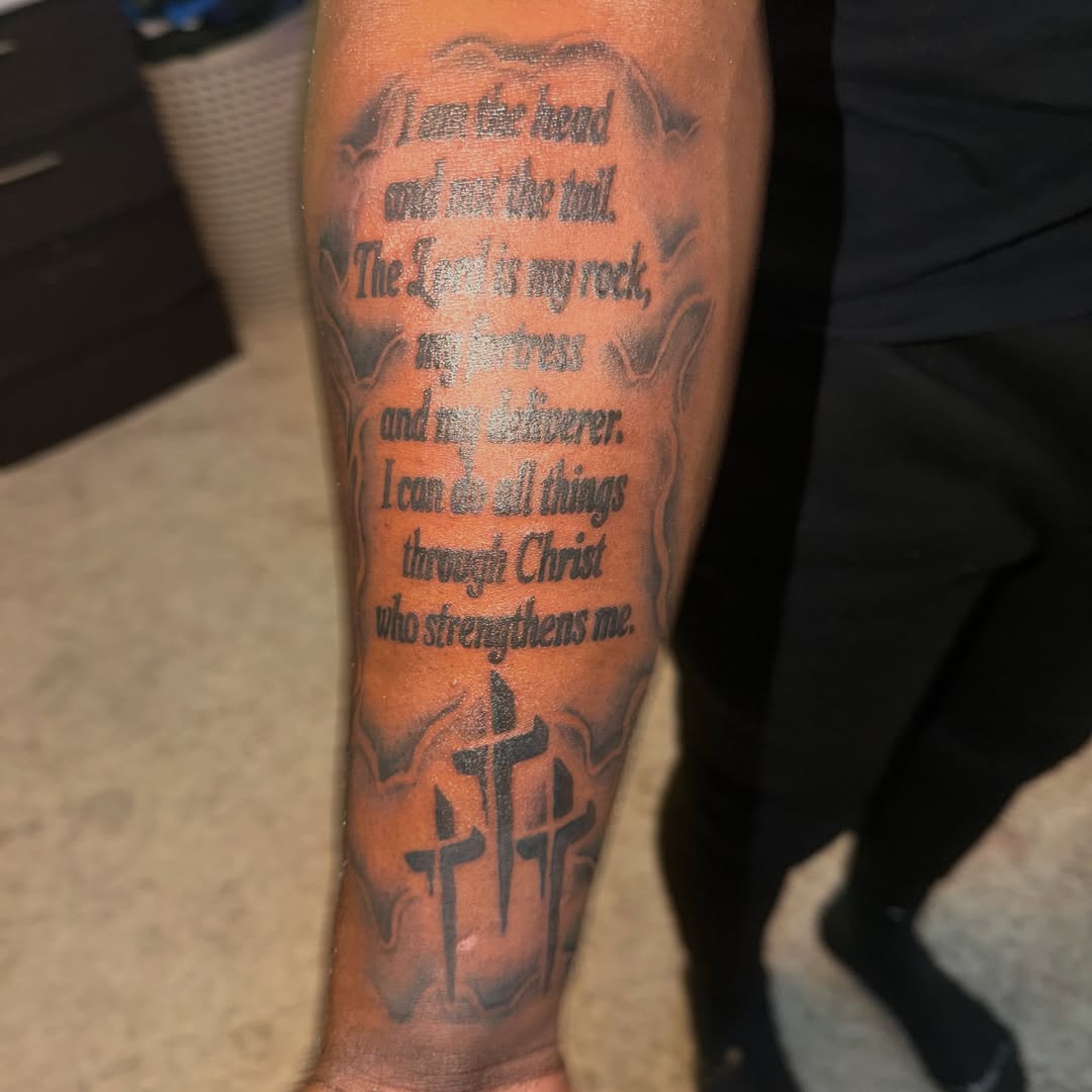 Tattoo by @richmetre_ β lettering_script, black_and_grey