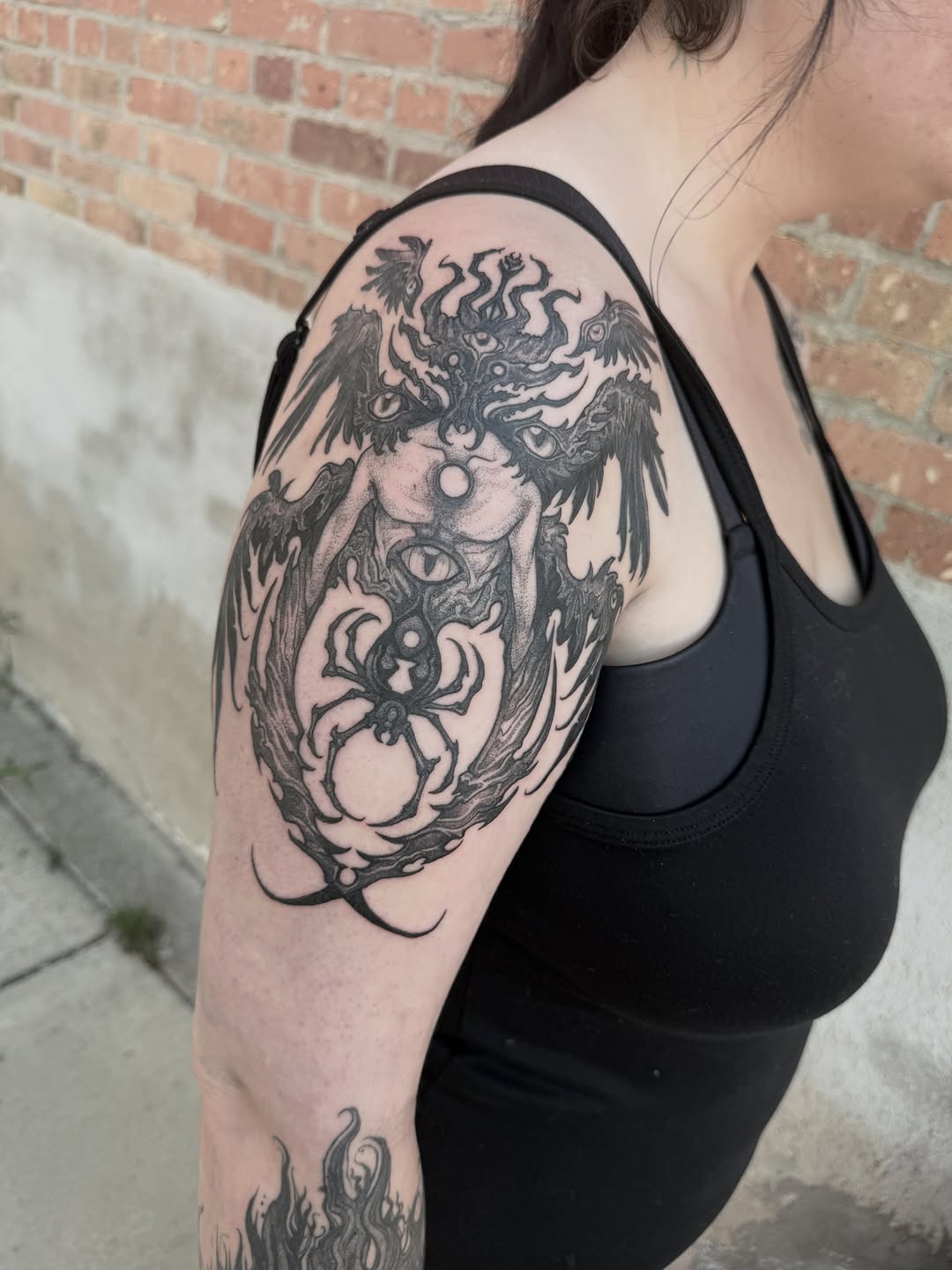 Tattoo by @blackmeddle — black_and_grey, dark_realism
