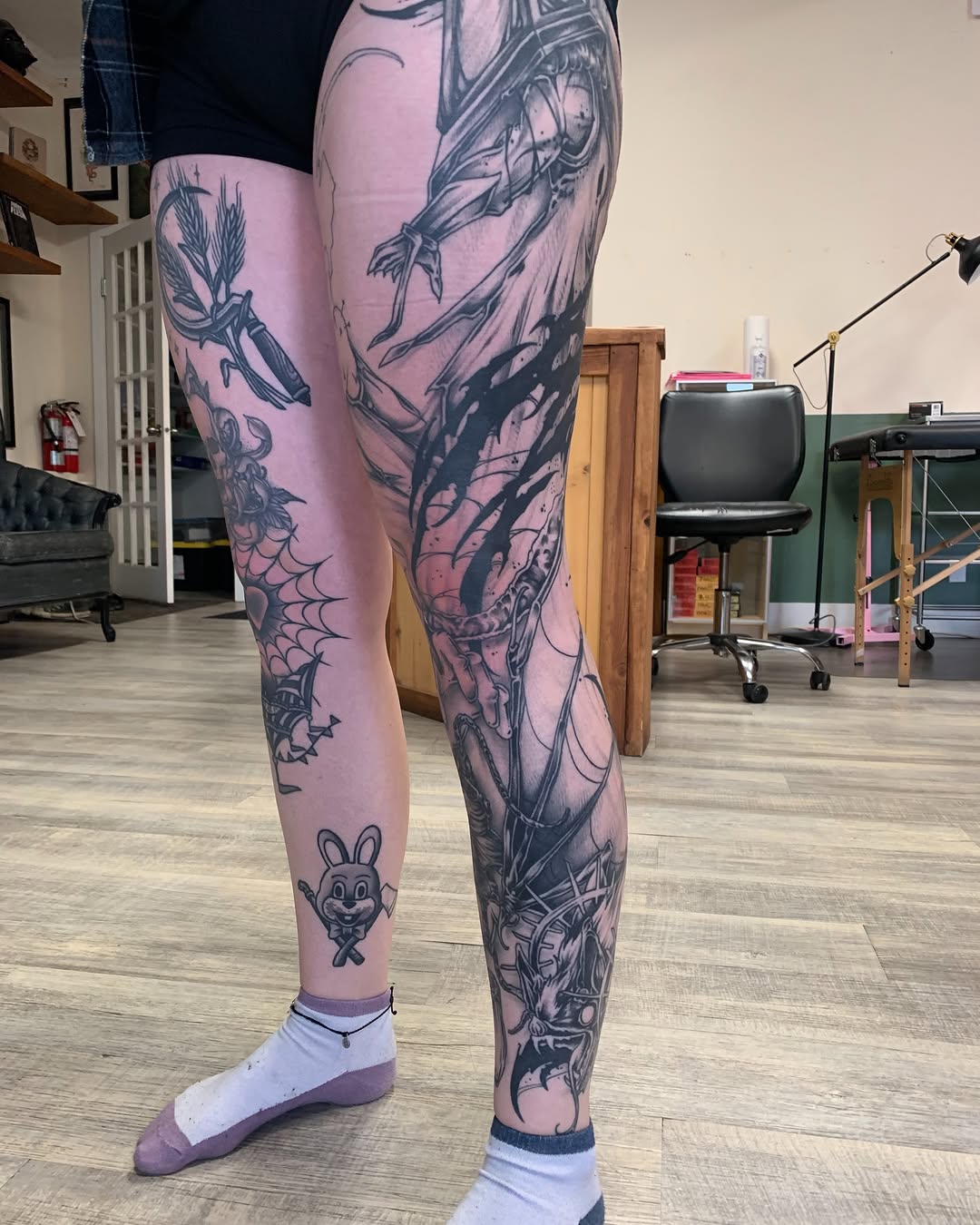 Tattoo by @macplanttattoos — black_and_grey, dark_realism