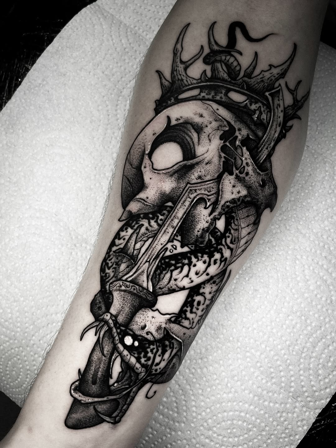 Tattoo by @bunche_tattoo โ dark_realism, black_and_grey