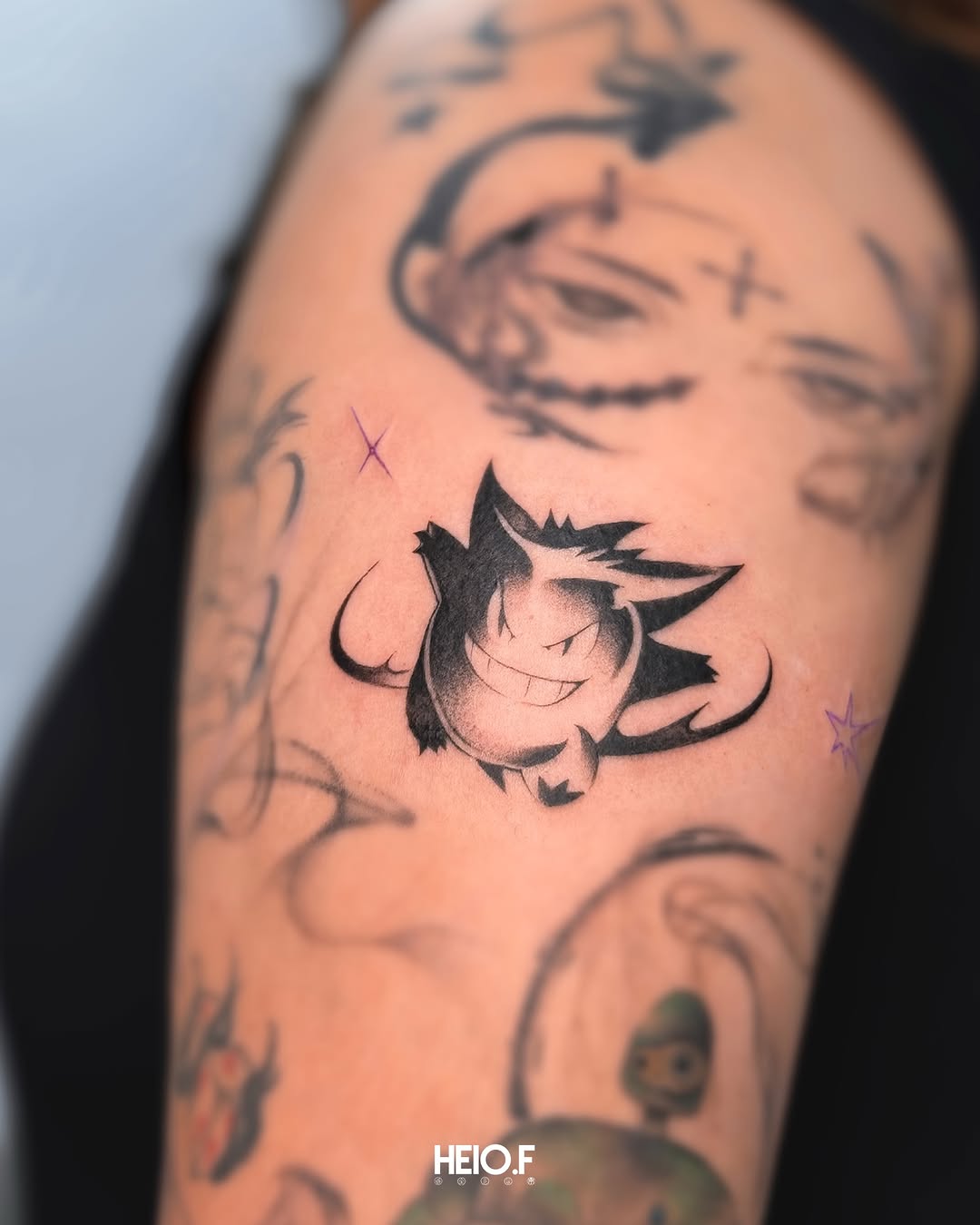 Tattoo by @heio.f — black_and_grey, anime
