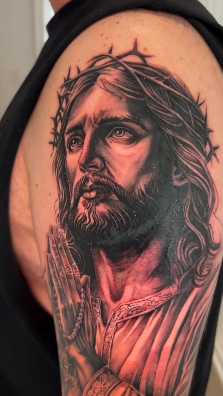 Tattoo by @mannyfacestattoo โ realism, black_and_grey