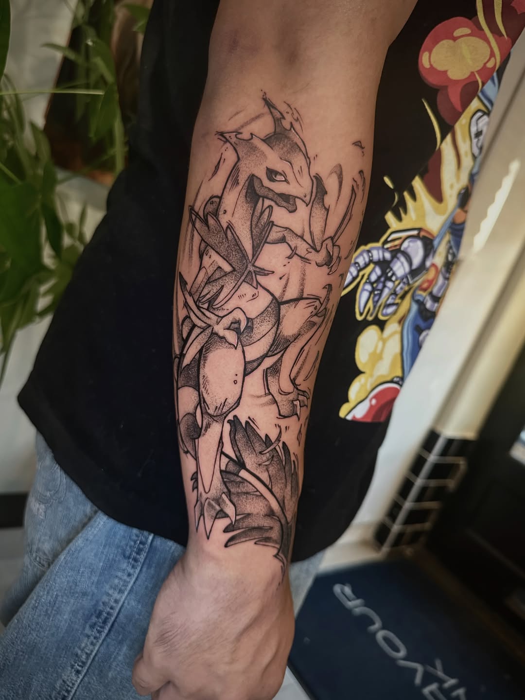 Tattoo by @moggy_tattoo โ anime, black_and_grey