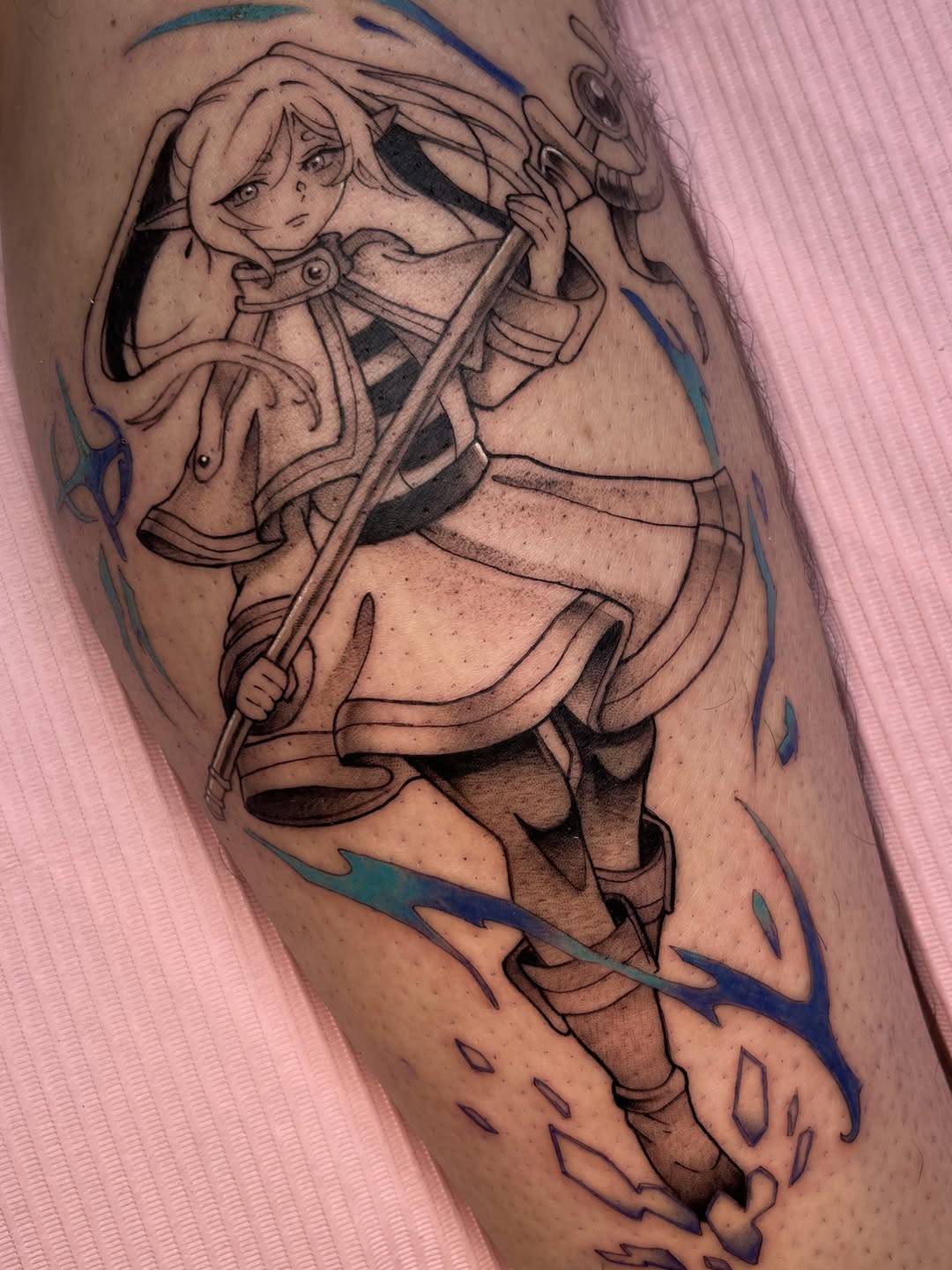 Tattoo by @celynity — anime, black_and_grey