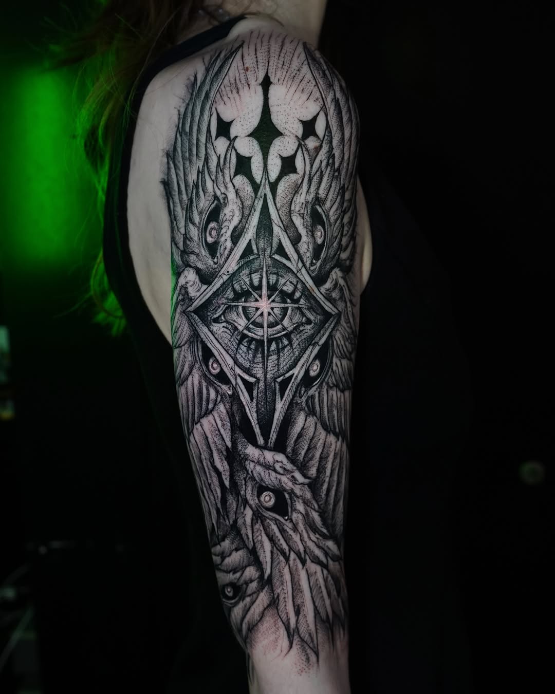 Tattoo by @evi_berry_falcon โ black_and_grey, dotwork