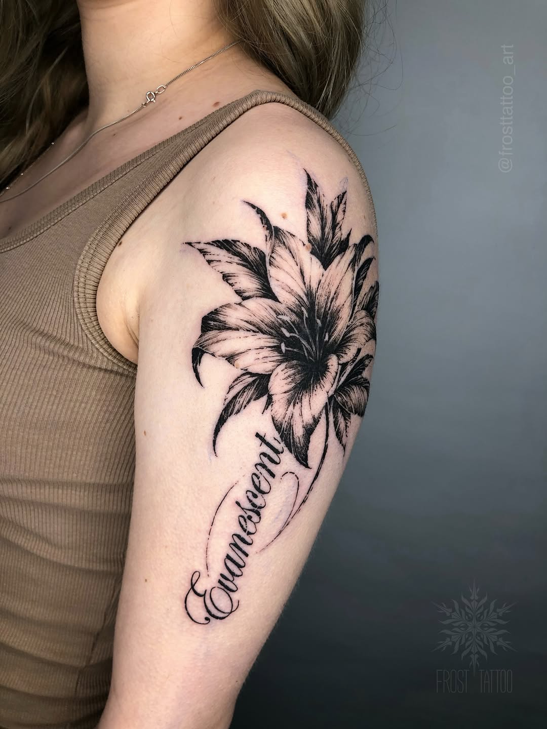 Tattoo by @frosttattoo_art — black_and_grey, lettering_script