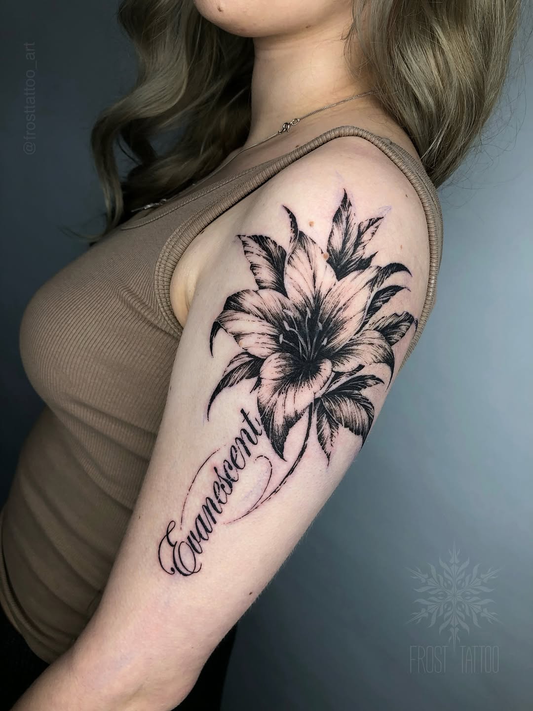Tattoo by @frosttattoo_art — black_and_grey, lettering_script