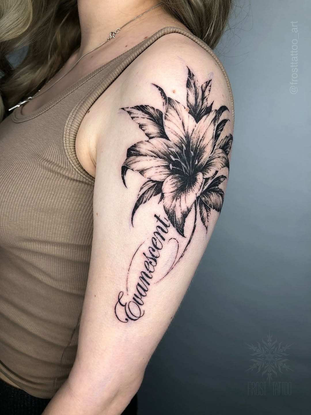 Tattoo by @frosttattoo_art — black_and_grey, lettering_script