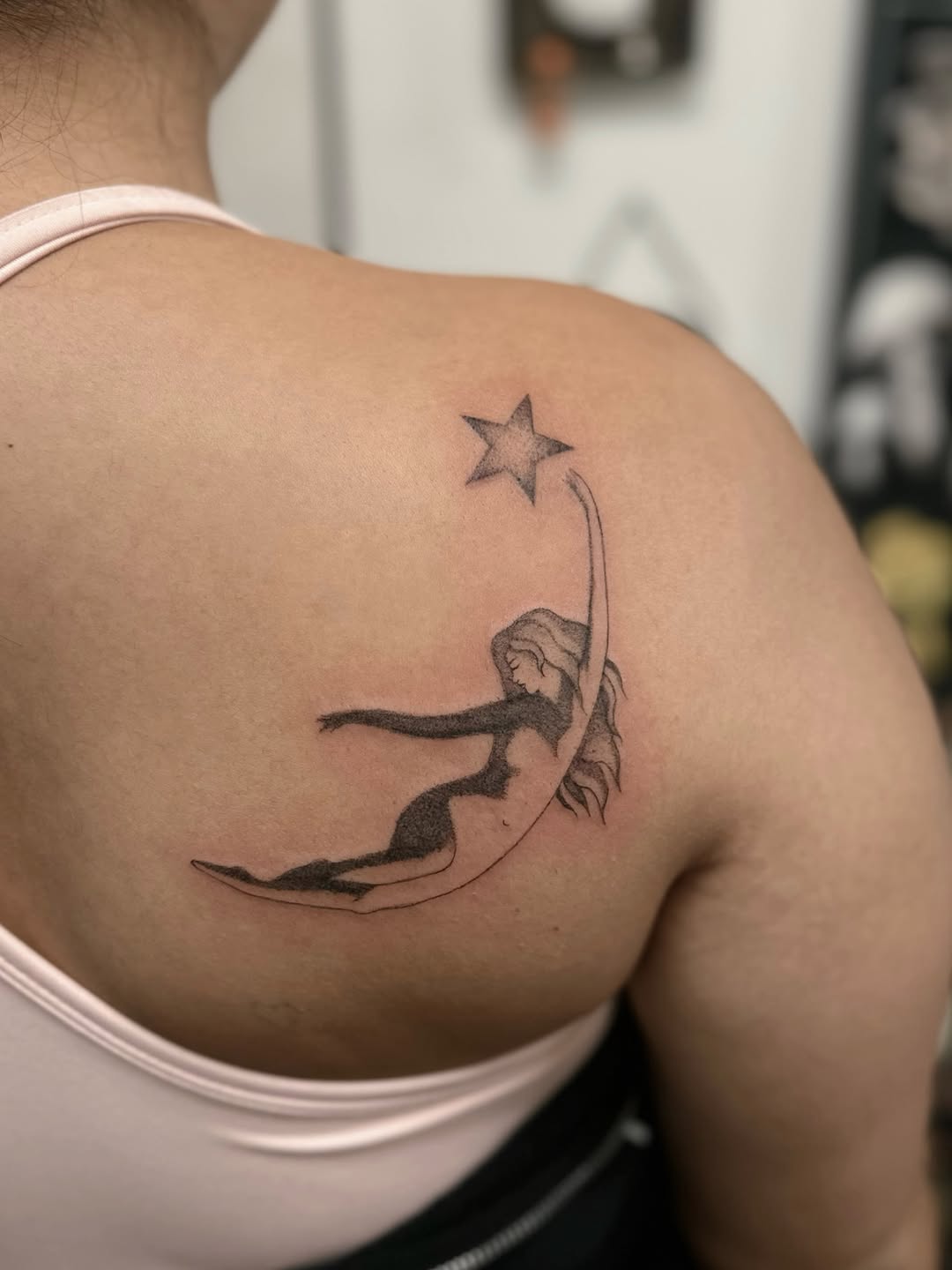 Tattoo by @shroomgrrrl — fine_line, black_and_grey