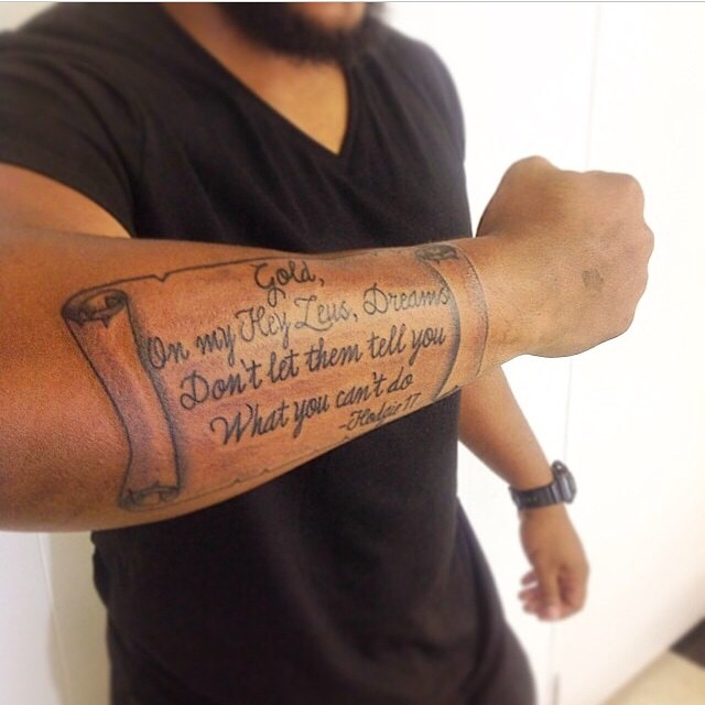 Tattoo by @dna_tattoo — lettering_script, black_and_grey